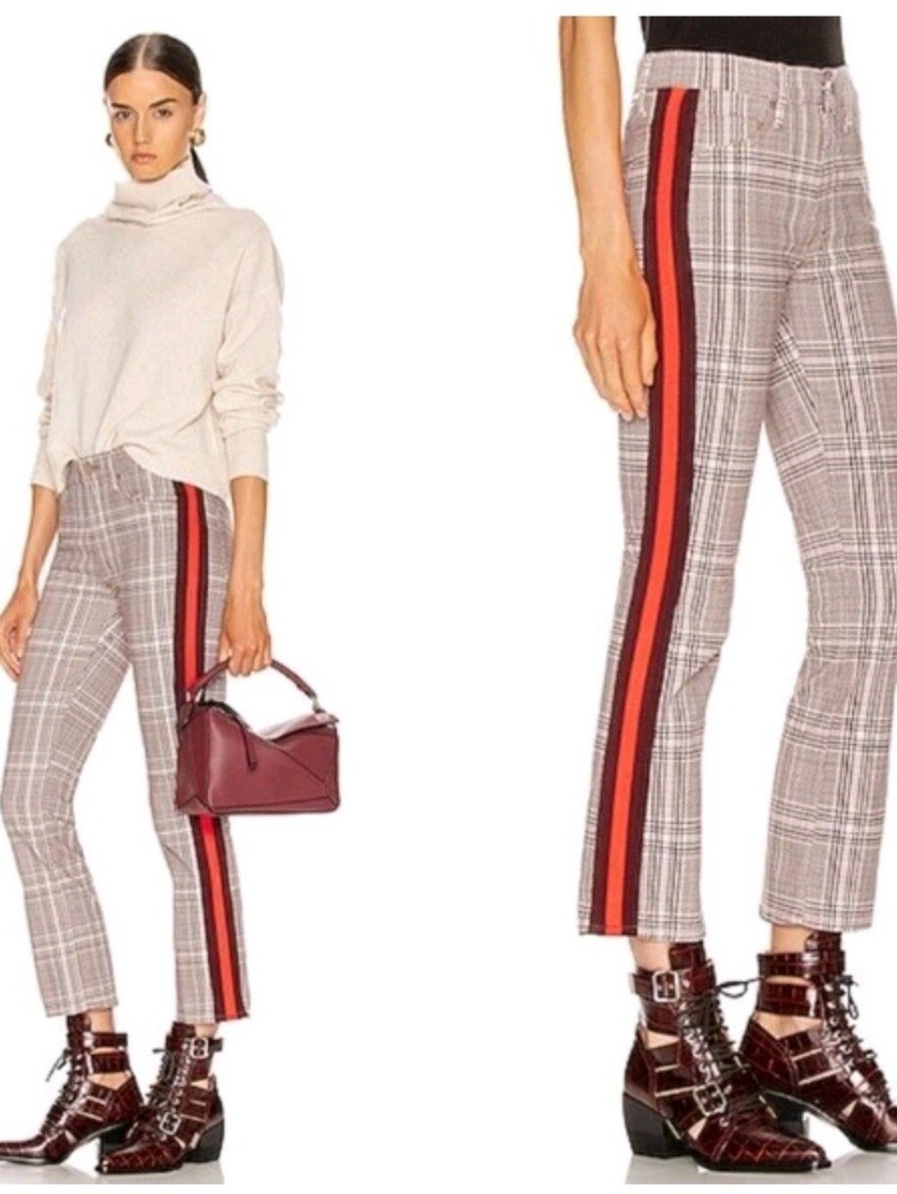 MOTHER Plaid Cropped Jeans with Orange and Brown Side Stripes NWOT